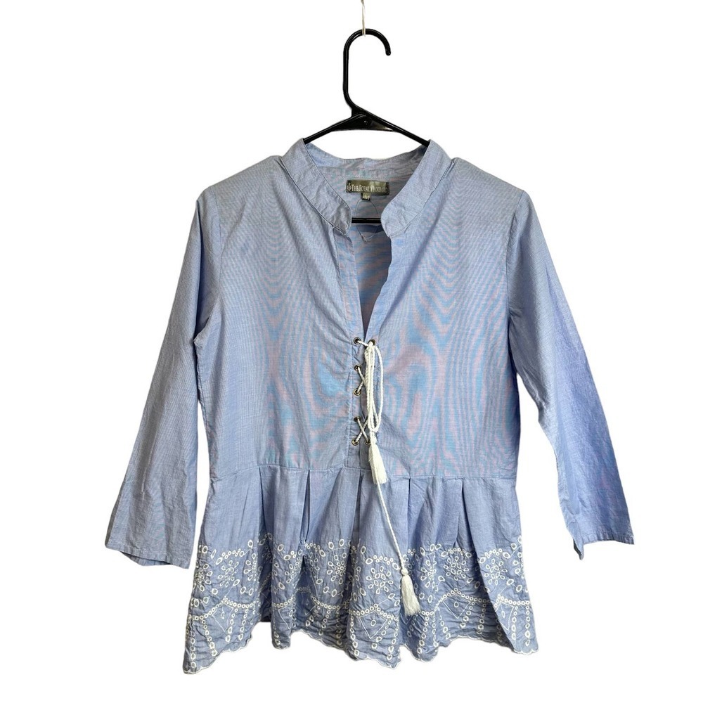 The Royal Standard Boho Tops‎ Women's sz. MEDIUM Blue Peplum Embroidered Pintuck